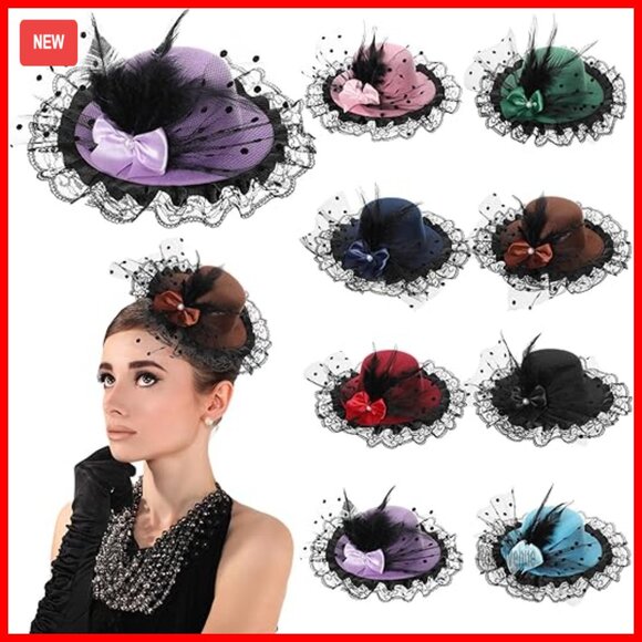 8-Piece Derby Fascinator Hat Set with Feather Bow Lace Clip-On Headpieces